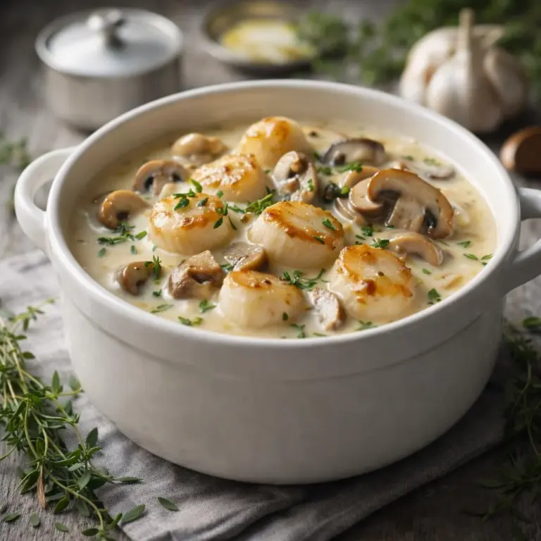 Riso con capesante e funghi, salsa cremosa al vino bianco e estragone