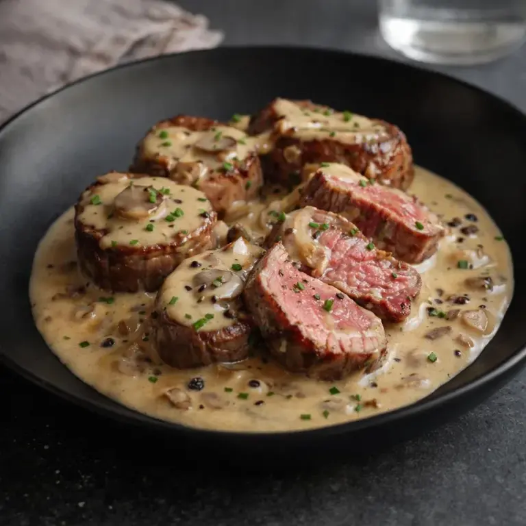 Filetto di manzo alla crema di scalogni, salsa cremosa al pepe