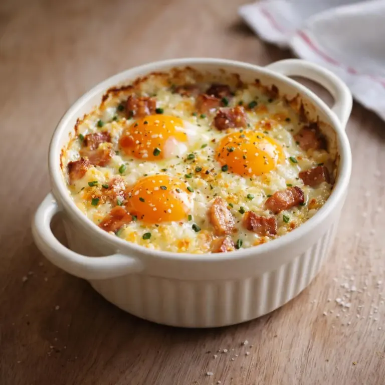 Uova in cocotte con caprino e pancetta, cremose e gratinate