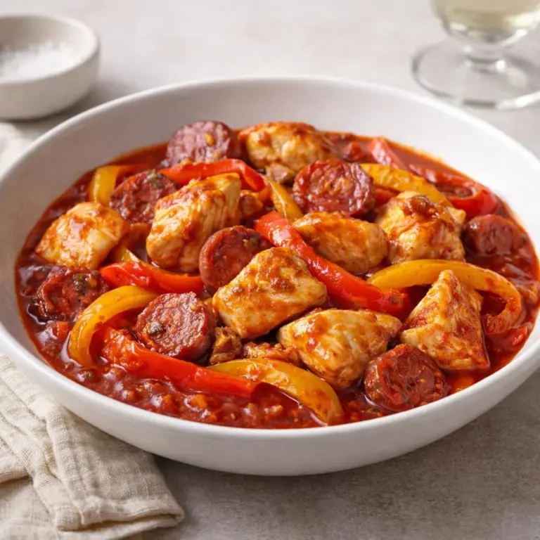 Pollo saltato con peperoni e chorizo, salsa di pomodoro piccante