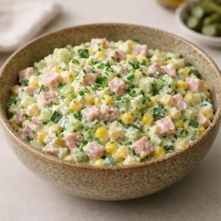 Insalata di cetrioli, cubetti di prosciutto e salsa di yogurt alla senape