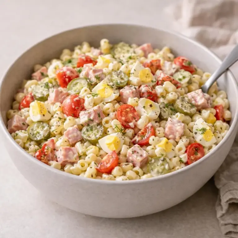 Insalata di macaroni con prosciutto, cetriolini e uovo sodo leggero