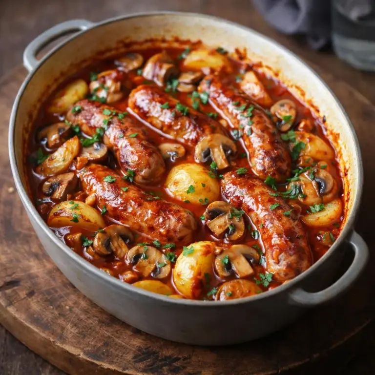Salsicce di Tolosa, funghi e patate al forno con salsa di pomodoro all’aglio